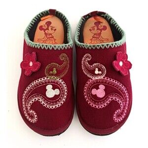 Disney Minnie Embroidered Paisley Dk Red Flat Scuff Slipper 3D Flower Sz S